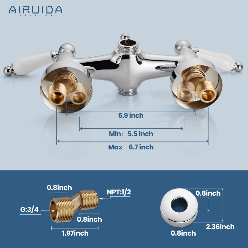 Airuida Wall Mount Bathtub Shower Faucet Kit with Telephone Shaped Handheld Sprayer Double Hot and Cold Water Mixer Tap Wall Mounted Tub Filler Set Vintage Style Lever Handles Chrome Polish - Image 5